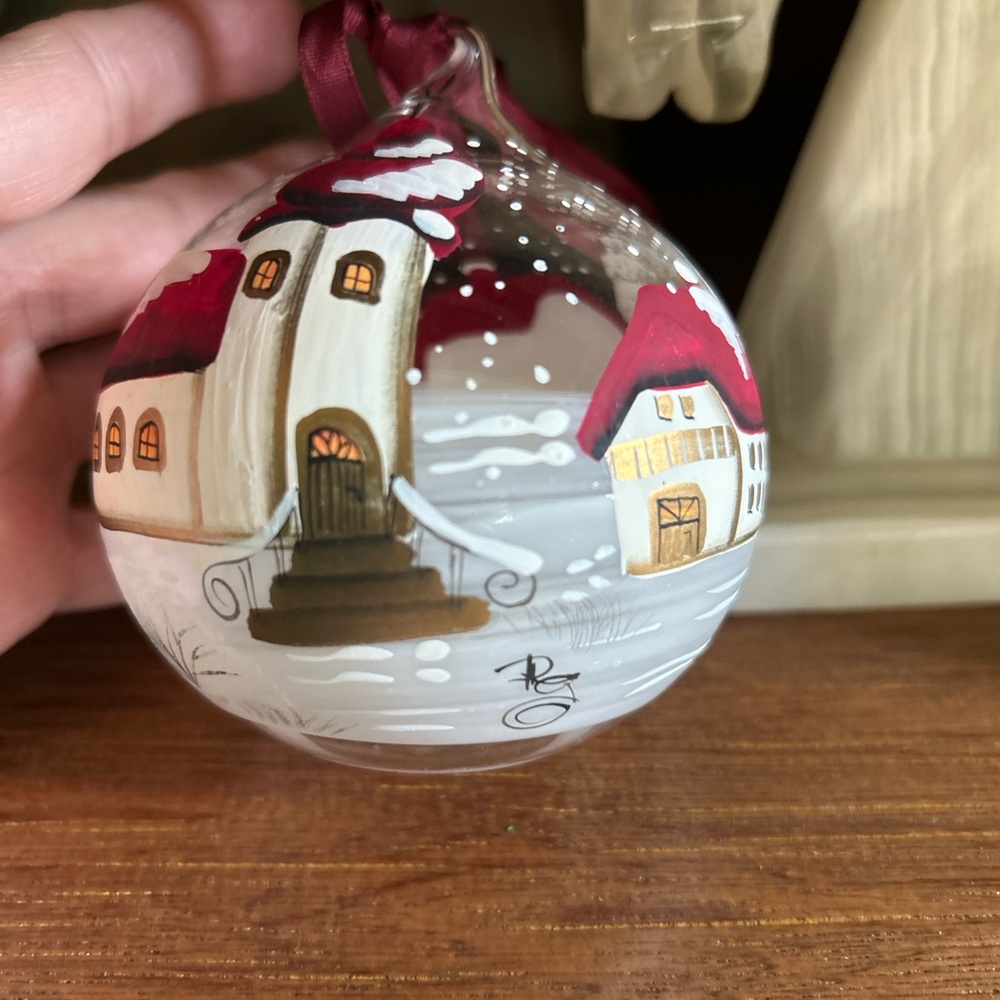 Winter Scene Glass Blown Ornament W/Houses, Church Etc Has Artist Initials-New - Picture 2 of 7